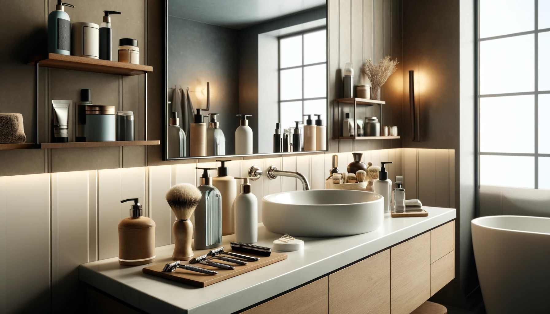 a modern, well-lit bathroom features a sink with grooming tools and products, reflected by a mirror.